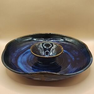 Randy Holbrook Handmade Pottery Chip And Dip Serving Dish With A Blue Glaze